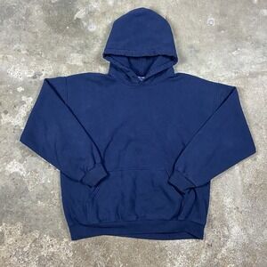 Vintage Y2K Gildan Hoodie Size Large Navy Blue Blank Fleece Pullover Sweatshirt